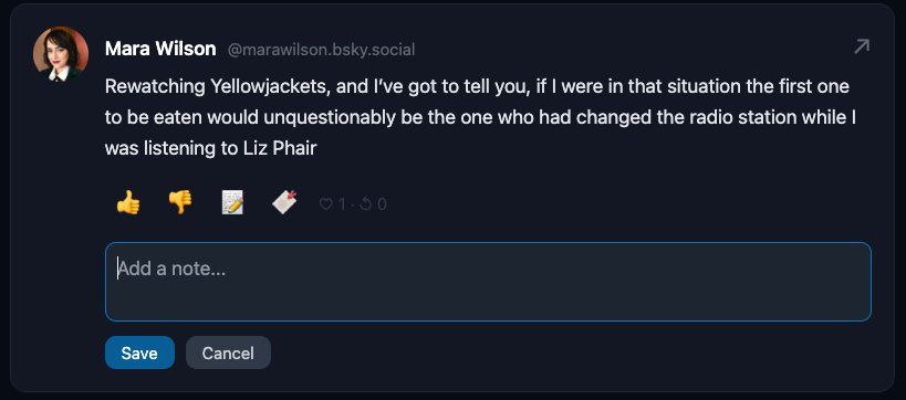 feedrater showing a rated post with thumbs, note, and save buttons